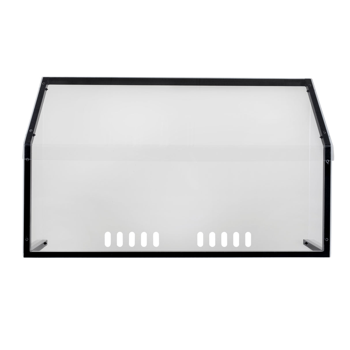 A TableCraft Products freestanding acrylic shield with a black frame, viewed from the front. This Double Action Station Shield features angled side panels and six rectangular ventilation holes along the bottom center against a white background.