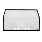 A TableCraft Products freestanding acrylic shield with a black frame, viewed from the front. This Double Action Station Shield features angled side panels and six rectangular ventilation holes along the bottom center against a white background.