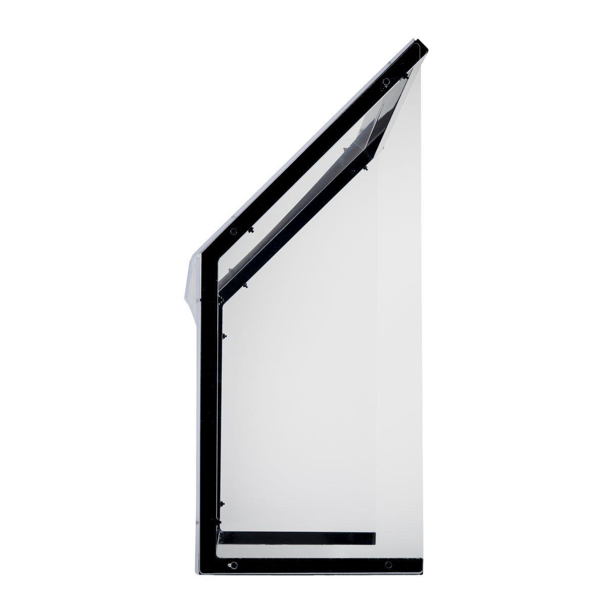 A side view of a transparent, angular display case with a black frame showcases TableCraft Products’ clean and modern design. The freestanding acrylic shield features sharp edges, a slanted top and front, and is empty against a white background.