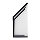 A side view of a transparent, angular display case with a black frame showcases TableCraft Products’ clean and modern design. The freestanding acrylic shield features sharp edges, a slanted top and front, and is empty against a white background.