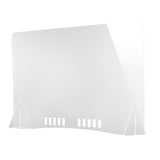 A clear acrylic shield, Made in USA, with two triangular stands at the base. The panel features six small rectangular cutouts near the bottom edge for ventilation or passing items. Its overall design is minimalistic and transparent.