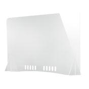 A clear acrylic shield, Made in USA, with two triangular stands at the base. The panel features six small rectangular cutouts near the bottom edge for ventilation or passing items. Its overall design is minimalistic and transparent.