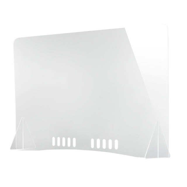 A clear acrylic shield, Made in USA, with two triangular stands at the base. The panel features six small rectangular cutouts near the bottom edge for ventilation or passing items. Its overall design is minimalistic and transparent.