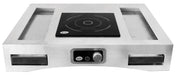A sleek, modern stainless steel Induction Countertop Station Kit features a black square electric induction cooktop at the center, a control knob and digital display on the front, and two open rectangular cooling plates on each side.