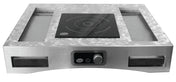 A modern, industrial Induction Countertop Station Kit featuring a smooth black electric induction cooktop at the center, cast aluminum trays on either side, and a control knob with digital display on the front stainless steel panel.