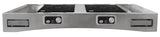 A stainless steel Double Induction Countertop Station is seen from the front, featuring two black induction cooktops with circular patterns, control panels with dials and buttons, and pull-out drawers or trays on either side against a plain white background.