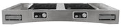 A stainless steel Double Induction Countertop Station is seen from the front, featuring two black induction cooktops with circular patterns, control panels with dials and buttons, and pull-out drawers or trays on either side against a plain white background.