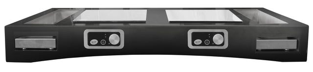 The TableCraft Products Double Induction Countertop Station features two heating zones, each with a control knob and digital display. This sleek black cooktop with metallic accents also includes pull-out trays for added convenience.