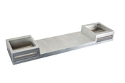 Sleek and modern, this rectangular metallic Action Station features a flat center platform with two square compartments at each end, each equipped with a horizontal slot—an ideal design for double burner setups by TableCraft Products.