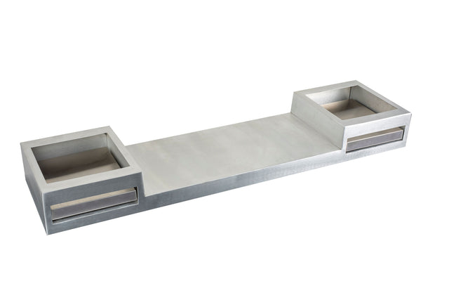 Sleek and modern, this rectangular metallic Action Station features a flat center platform with two square compartments at each end, each equipped with a horizontal slot—an ideal design for double burner setups by TableCraft Products.