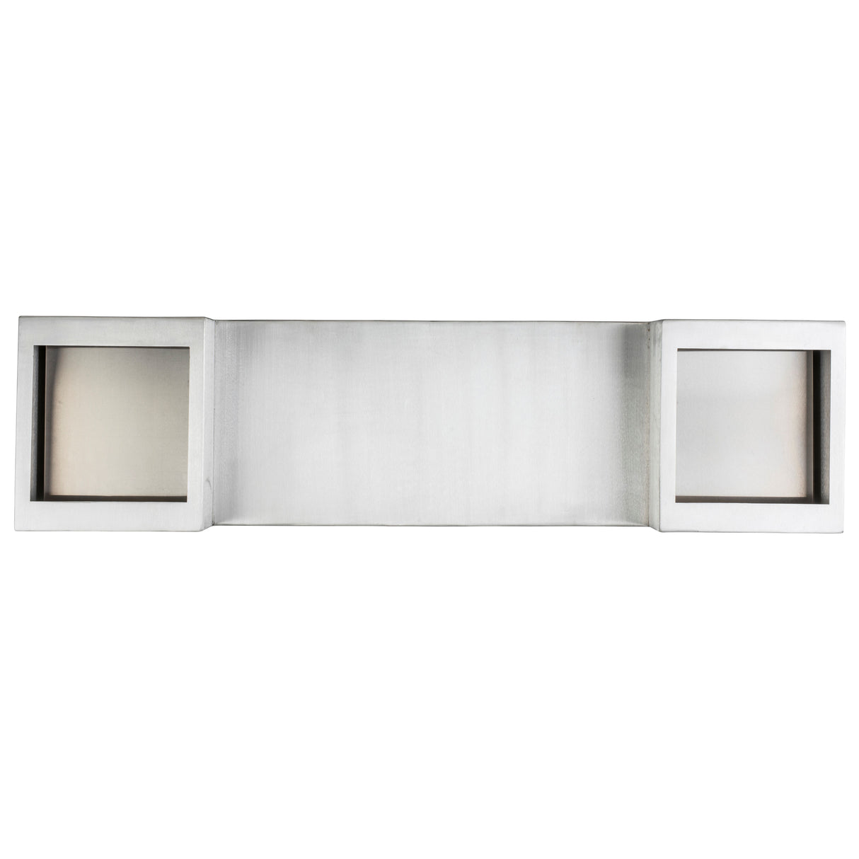 A modern rectangular brushed metal wall light fixture with two square frosted glass diffusers, inspired by the clean lines of a TableCraft Action Station. Designed for horizontal mounting, it offers a minimalist look with framed ends and a plain center.