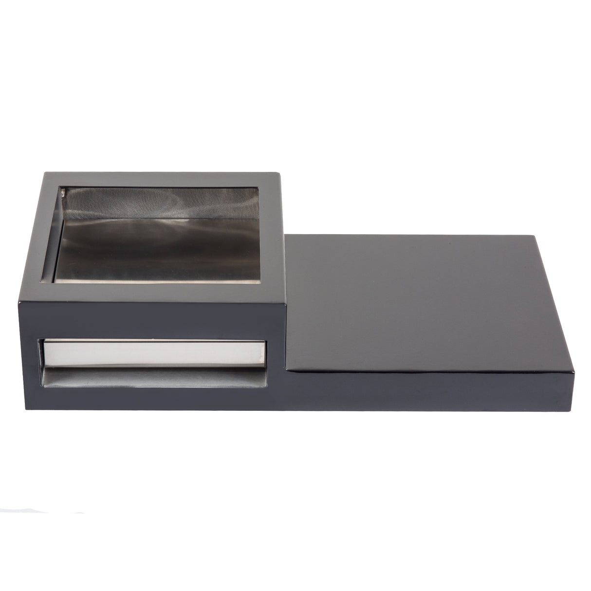 A modern, rectangular tabletop ashtray with a sliding lid—perfect for your Action Station. Glossy black with a smaller square metal tray on the left and a flat single burner section on the right. Features a shiny metallic pull-out drawer in front.