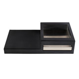 A rectangular black box with two sections: a flat, closed left side and a right side featuring a raised, transparent-lidded compartment—ideal for an Action Station single burner setup. Below the clear lid, a horizontal silver drawer is partially visible.