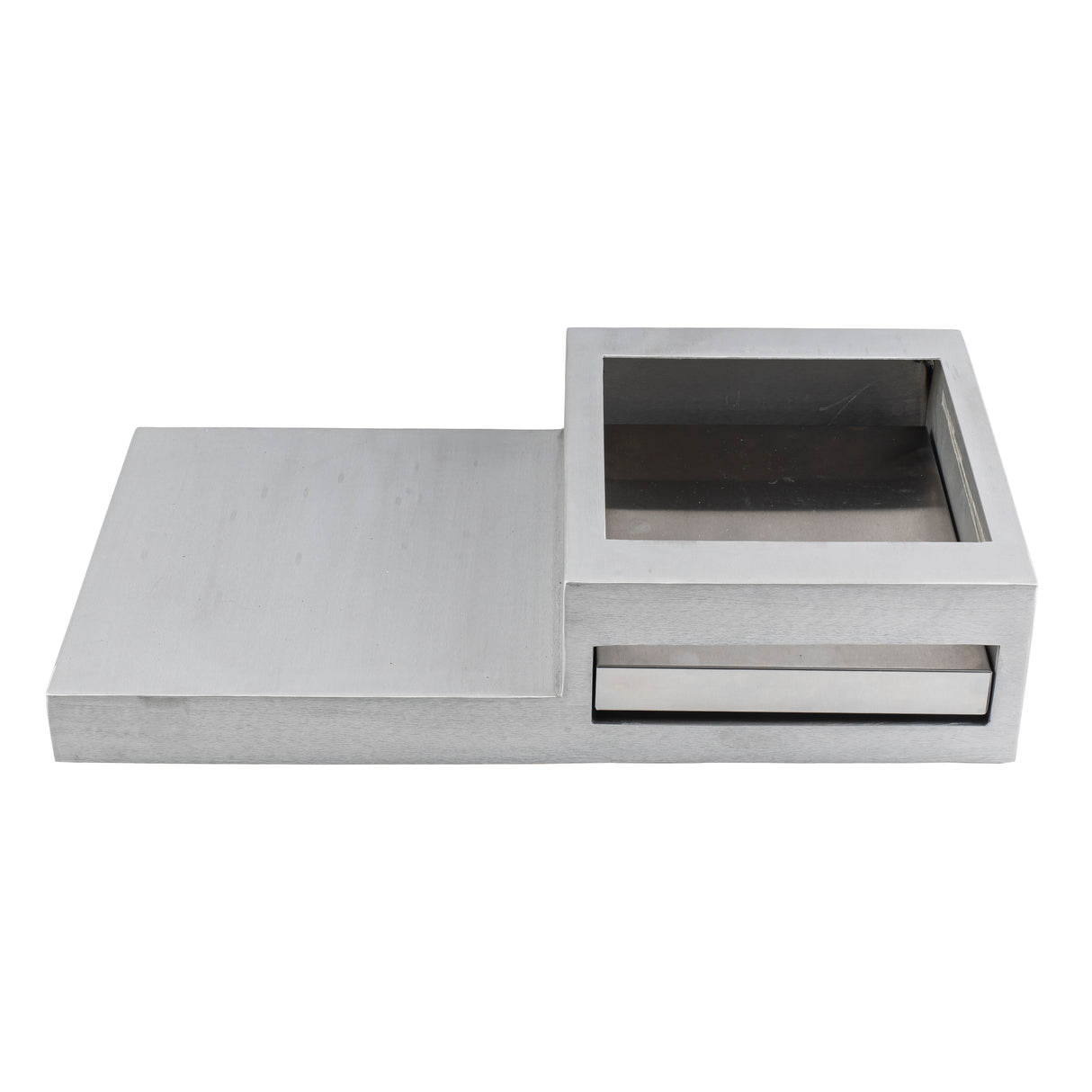 A brushed metal rectangular Action Station with two sections: a solid left segment and a right segment featuring a square open tray above a shallow drawer. The modern, minimalist design showcases clean lines and a metallic finish.