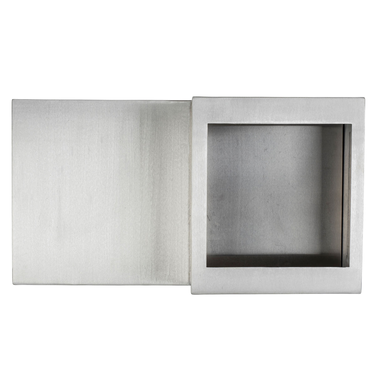 A rectangular metallic object with a sliding cover is shown. The left side is a solid closed section, while the right reveals an open compartment—suggestive of a butane single burner—its cover partially slid aside to show the hollow interior. The background is white.