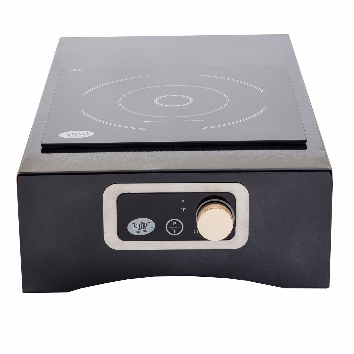 A black TableCraft Products Induction Station cooktop with a single burner marked by white lines. The front panel features a round control knob and power indicator with IdealChef branding, showcasing a modern, minimalistic design.