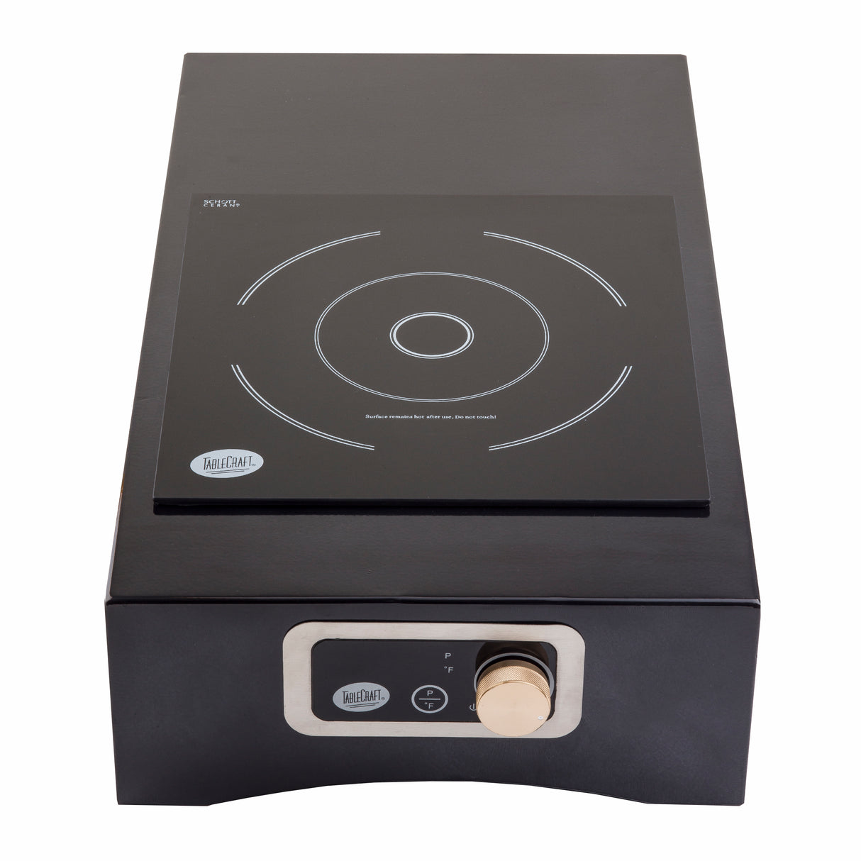 A black, rectangular Induction Station cooktop with a single burner features white concentric circles on its glass surface and a control panel below with a silver knob, digital display, and TableCraft Products branding on both the surface and panel.