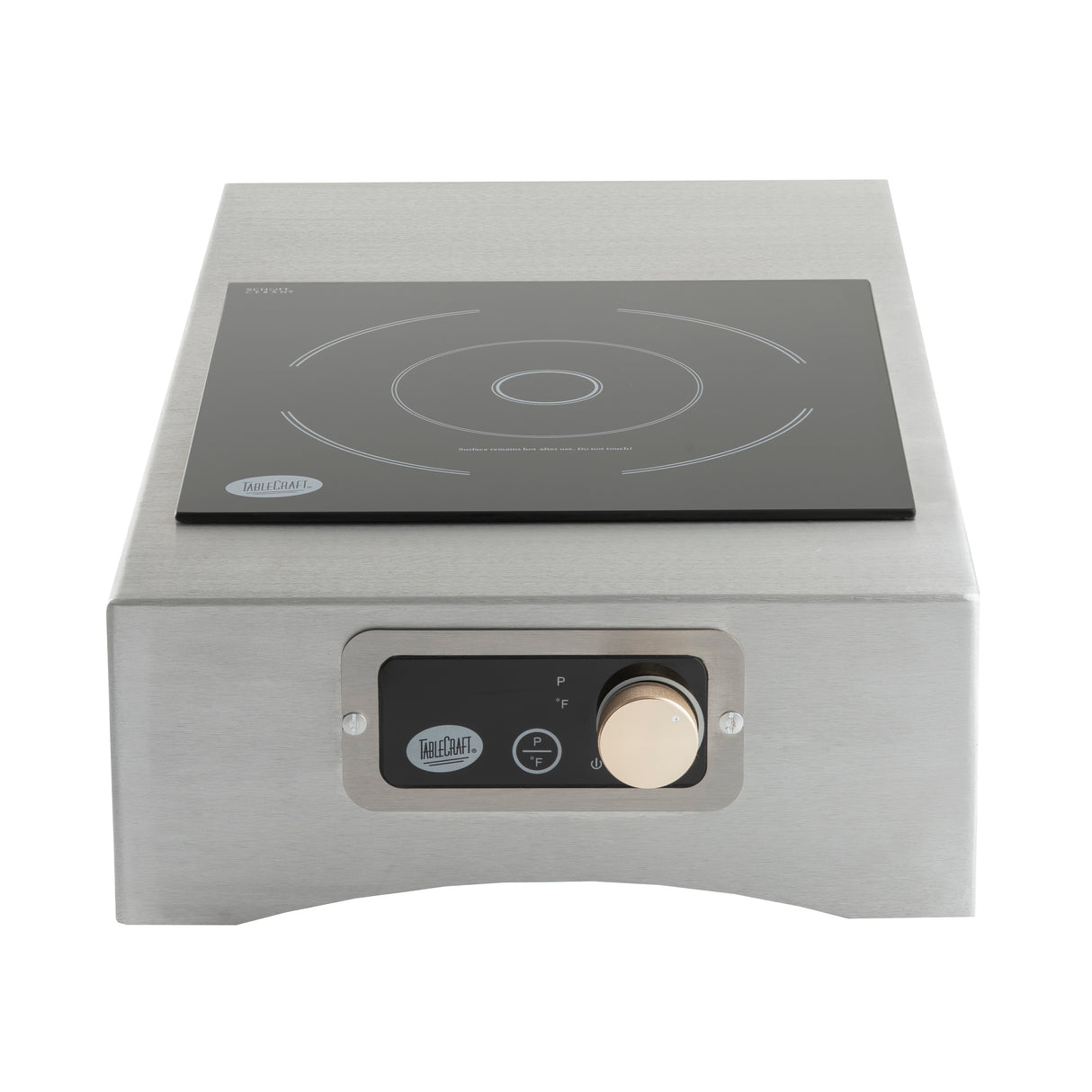 The TableCraft Products Induction Station features a stainless steel single burner cooktop with a black glass surface, a front control panel with a gold knob, and labeled settings. Its compact, modern design adds professional appeal to any space.