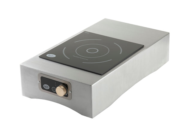 A sleek Induction Station by TableCraft Products, this single-burner cooktop features a stainless steel base, black glass surface with white circular patterns, and a front left control panel with rotary knob and digital display. Background is plain white.