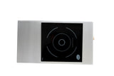 A rectangular TableCraft Products Induction Station with a stainless steel body and a single burner black glass cooking zone, featuring concentric white rings indicating the burner area, shown on a white background.