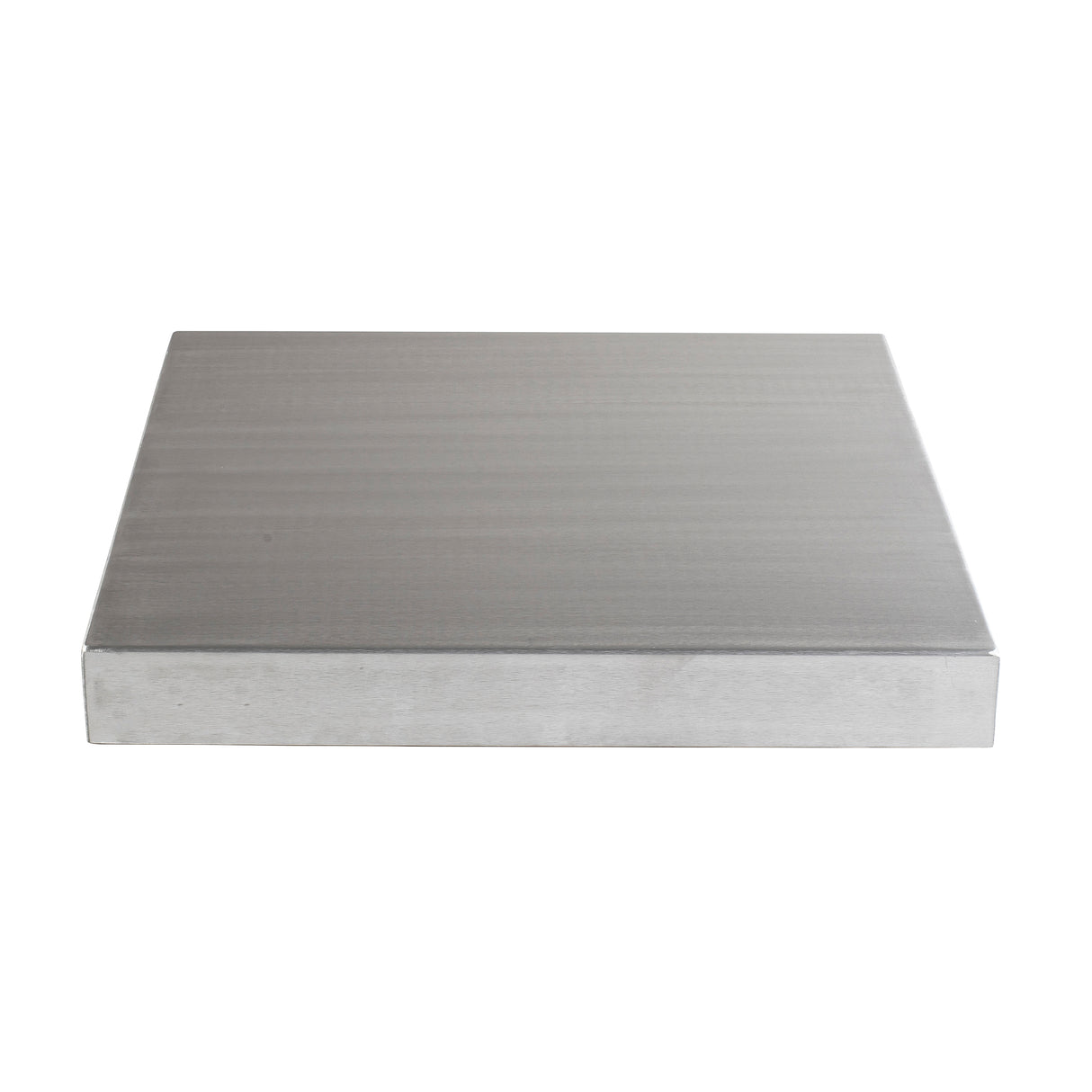A flat, square, metal plate viewed from a low angle. Crafted from 13 gauge aluminum with a smooth, matte, brushed finish and clean, sharp edges. The plain white background highlights the metallic texture of this Tabletop Cover.