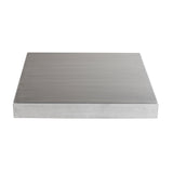 A flat, square, metal plate viewed from a low angle. Crafted from 13 gauge aluminum with a smooth, matte, brushed finish and clean, sharp edges. The plain white background highlights the metallic texture of this Tabletop Cover.