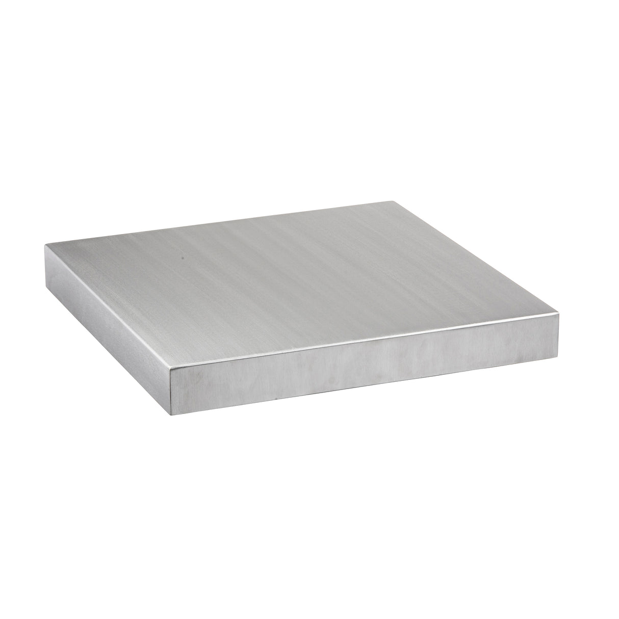A square, flat stainless steel plate with a smooth brushed finish and sharp edges is shown against a white background. Viewed at an angle, the plate resembles a Tabletop Cover, highlighting its top and two side faces.