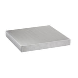 A square, flat stainless steel plate with a smooth brushed finish and sharp edges is shown against a white background. Viewed at an angle, the plate resembles a Tabletop Cover, highlighting its top and two side faces.