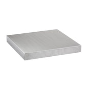 A square, flat stainless steel plate with a smooth brushed finish and sharp edges is shown against a white background. Viewed at an angle, the plate resembles a Tabletop Cover, highlighting its top and two side faces.