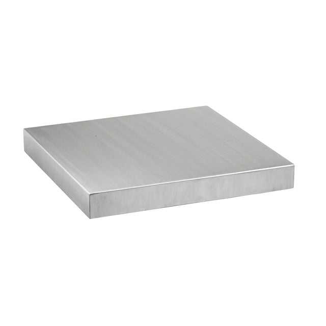 A square, flat stainless steel plate with a smooth brushed finish and sharp edges is shown against a white background. Viewed at an angle, the plate resembles a Tabletop Cover, highlighting its top and two side faces.