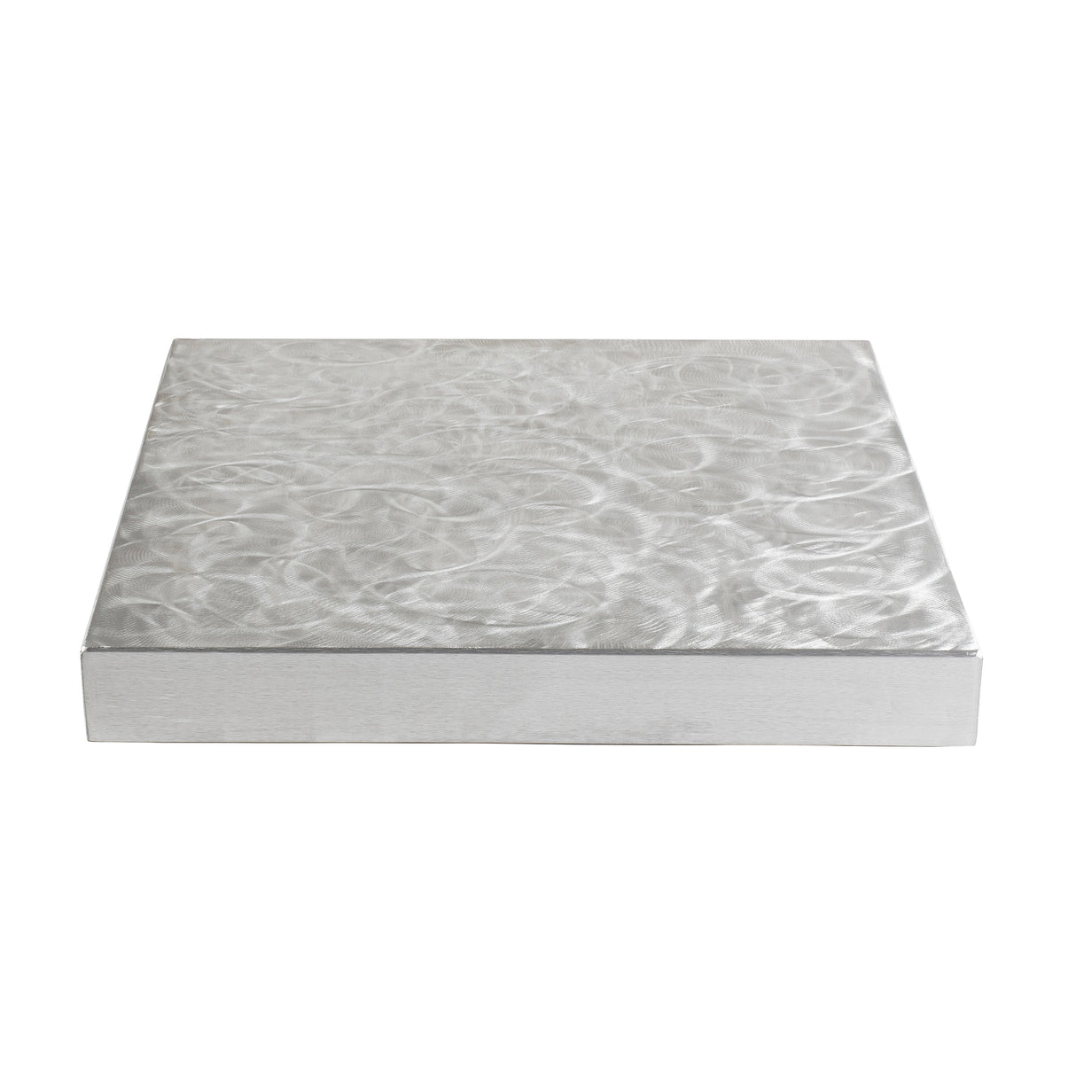 A square, flat aluminum tabletop with a brushed, swirling texture on its surface. Measuring 24 x 24 inches, the metallic platform is shown against a white background, viewed from a slight angle near the base.