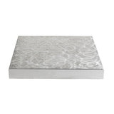 A square, flat aluminum tabletop with a brushed, swirling texture on its surface. Measuring 24 x 24 inches, the metallic platform is shown against a white background, viewed from a slight angle near the base.