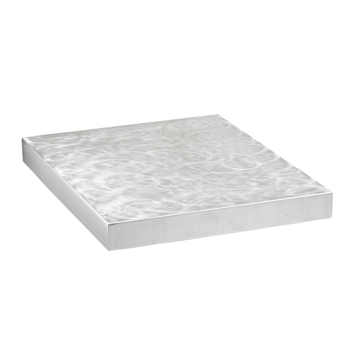 A square, flat aluminum tabletop slab measuring 24 x 24 inches, with smooth, polished sides and a rippled, textured top surface. Thick and solid, it reflects light on its silvery finish. Perfect as a sleek tabletop cover against a plain white background.