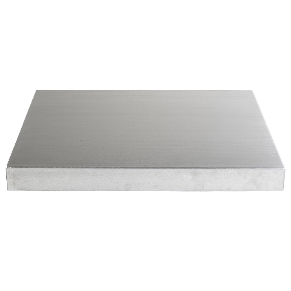 A rectangular, flat aluminum table cover with a smooth, brushed finish is shown against a white background. Oriented horizontally, this Tabletop Cover by TableCraft features a clean and unmarked surface.