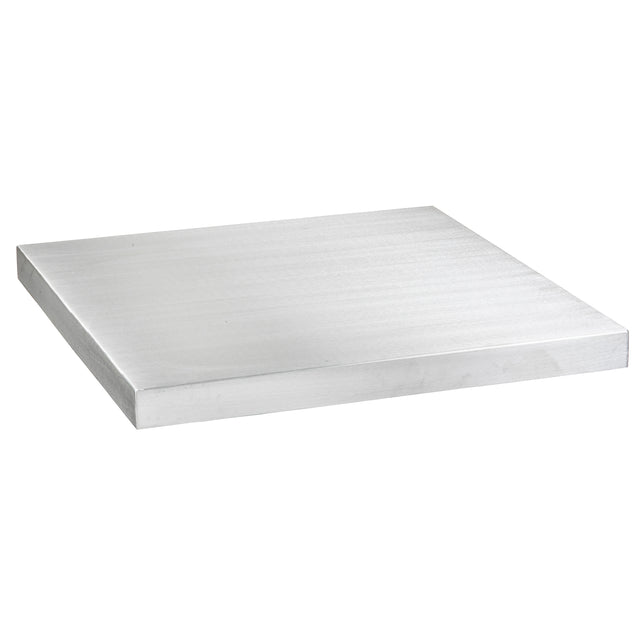 A single, flat, square Aluminum Table Cover with smooth, reflective surfaces and sharp edges is placed on a white background. The slab appears well-crafted, highlighting its metallic texture and subtle lines under bright lighting.