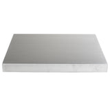 A rectangular, flat tabletop cover made from 13 gauge aluminum with smooth surfaces and sharp edges is shown against a white background. The metal features a brushed finish, giving it a slightly reflective appearance.