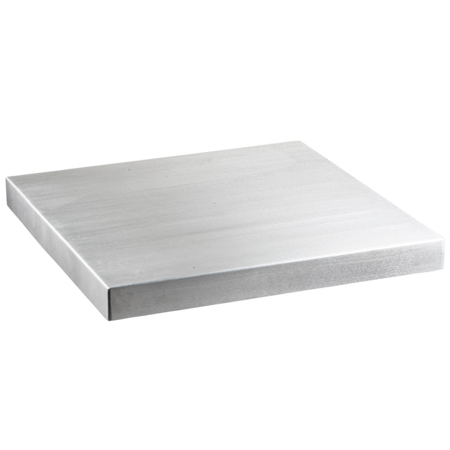 A plain, square-shaped metal tabletop cover with smooth edges and a flat, brushed finish is shown against a white background. Crafted from 13 gauge aluminum, the plate has a sleek, matte appearance reminiscent of stainless steel.