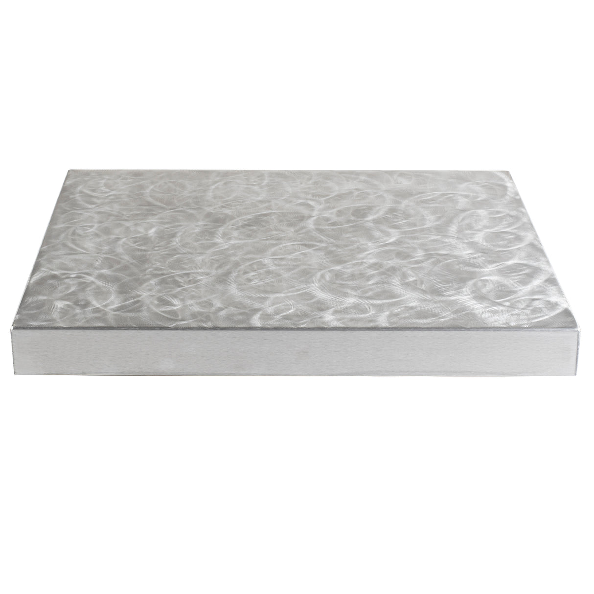 A rectangular aluminum tabletop with a swirl pattern on the top surface, viewed from a slight angle. The metal has a matte finish and silvery color, with circular, overlapping engravings creating a textured appearance.