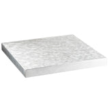 A square, flat aluminum tabletop with a textured, brushed finish. The light silver metal is reflective with swirled patterns across the top. Shown against a white background, this tabletop cover highlights clean lines and a sleek metallic sheen.