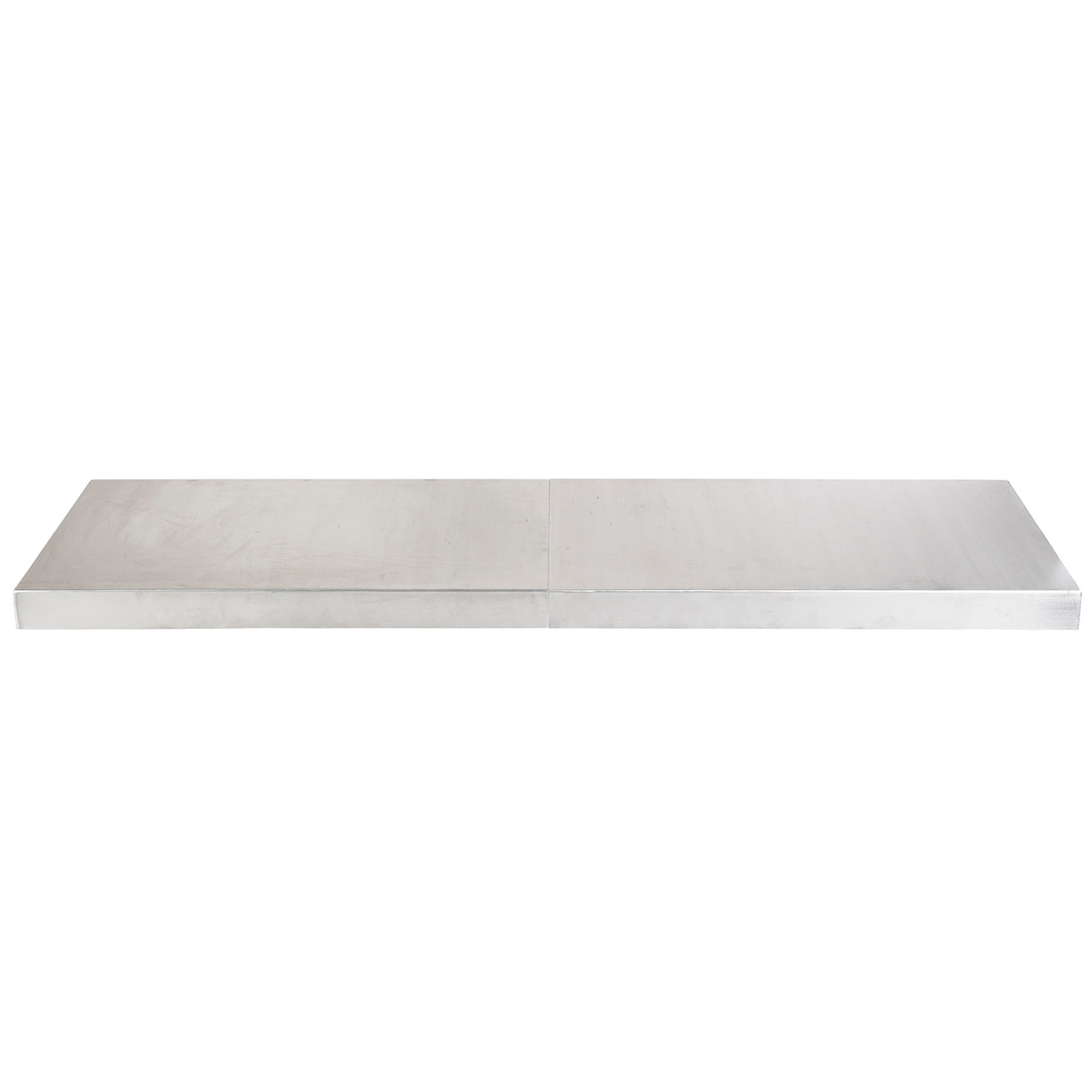 A rectangular, flat metal shelf with a smooth, shiny silver surface resembles an aluminum table cover. Divided by a subtle center seam, it appears as two joined panels against a plain white background, emphasizing its sleek and minimalistic design.