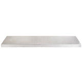 A rectangular, flat metal shelf with a smooth, shiny silver surface resembles an aluminum table cover. Divided by a subtle center seam, it appears as two joined panels against a plain white background, emphasizing its sleek and minimalistic design.