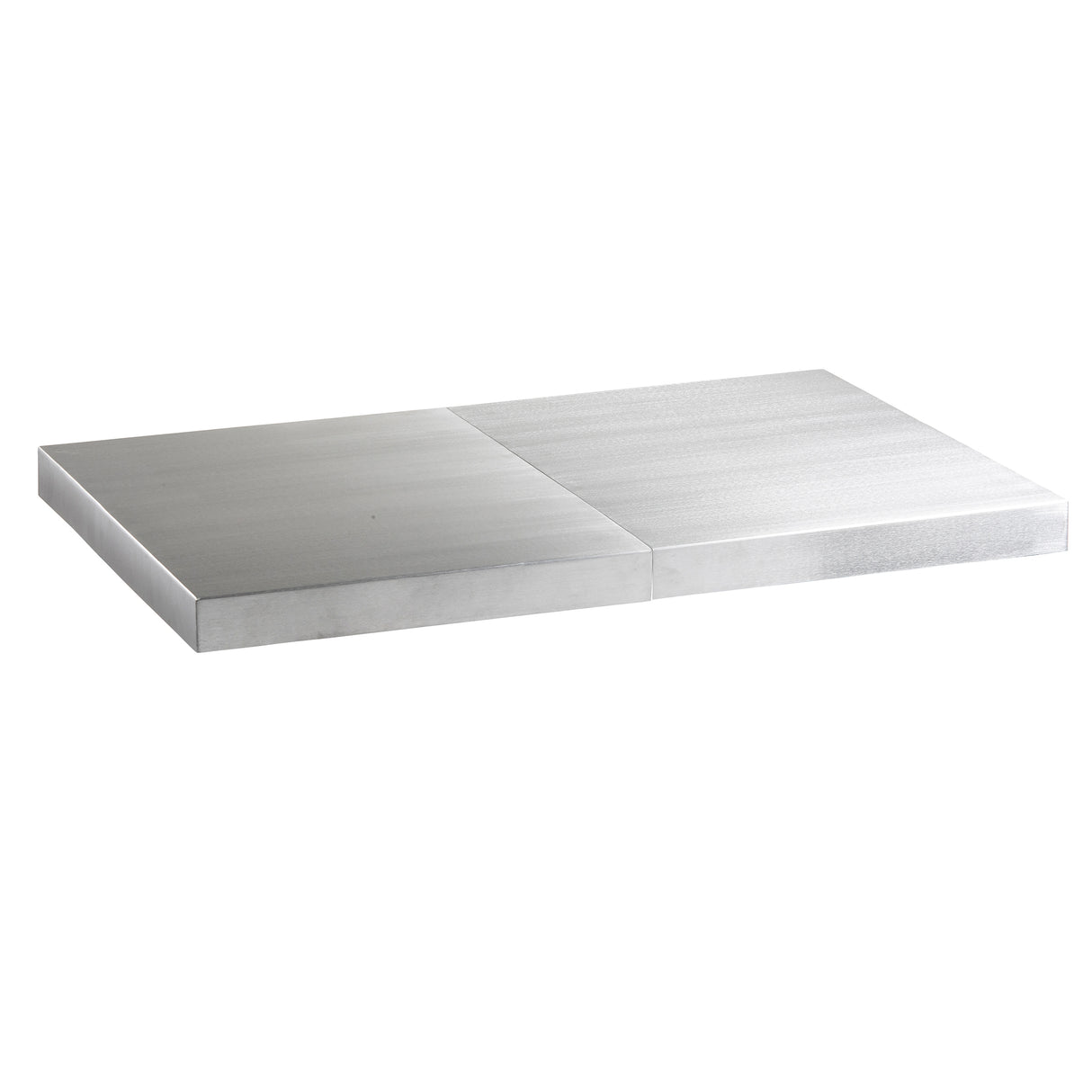 A rectangular, flat aluminum table cover divided into two equal sections. Each section features a smooth, reflective silver surface with sharp edges, forming a larger rectangle against a white background.