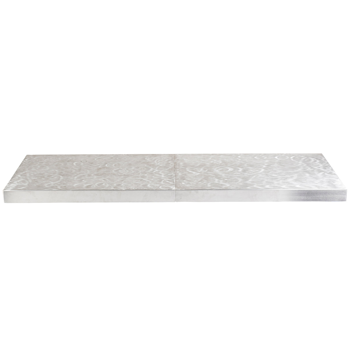 A rectangular, flat aluminum table cover with a silver, brushed swirl pattern on its surface. The platform is divided into two equal sections, and the smooth edges create a sleek look against the plain white background.