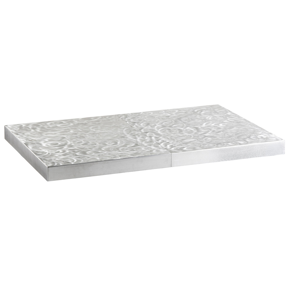 A rectangular aluminum table cover with a shiny, textured surface featuring swirling, circular patterns. The tabletop cover appears to be composed of two adjoining pieces, both with the same decorative finish, set against a plain white background.