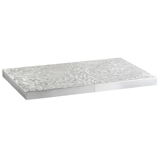 A rectangular aluminum table cover with a shiny, textured surface featuring swirling, circular patterns. The tabletop cover appears to be composed of two adjoining pieces, both with the same decorative finish, set against a plain white background.