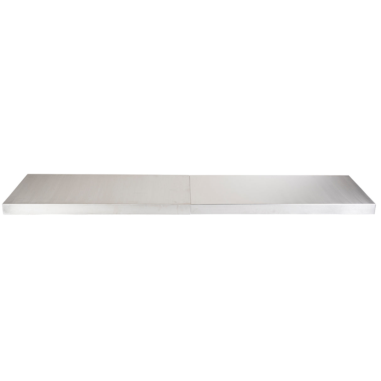 A long, rectangular aluminum shelf with a minimalist design. The shelf features a central seam dividing it into two equal sections, resembling an 8' table, and sits against a plain white background.