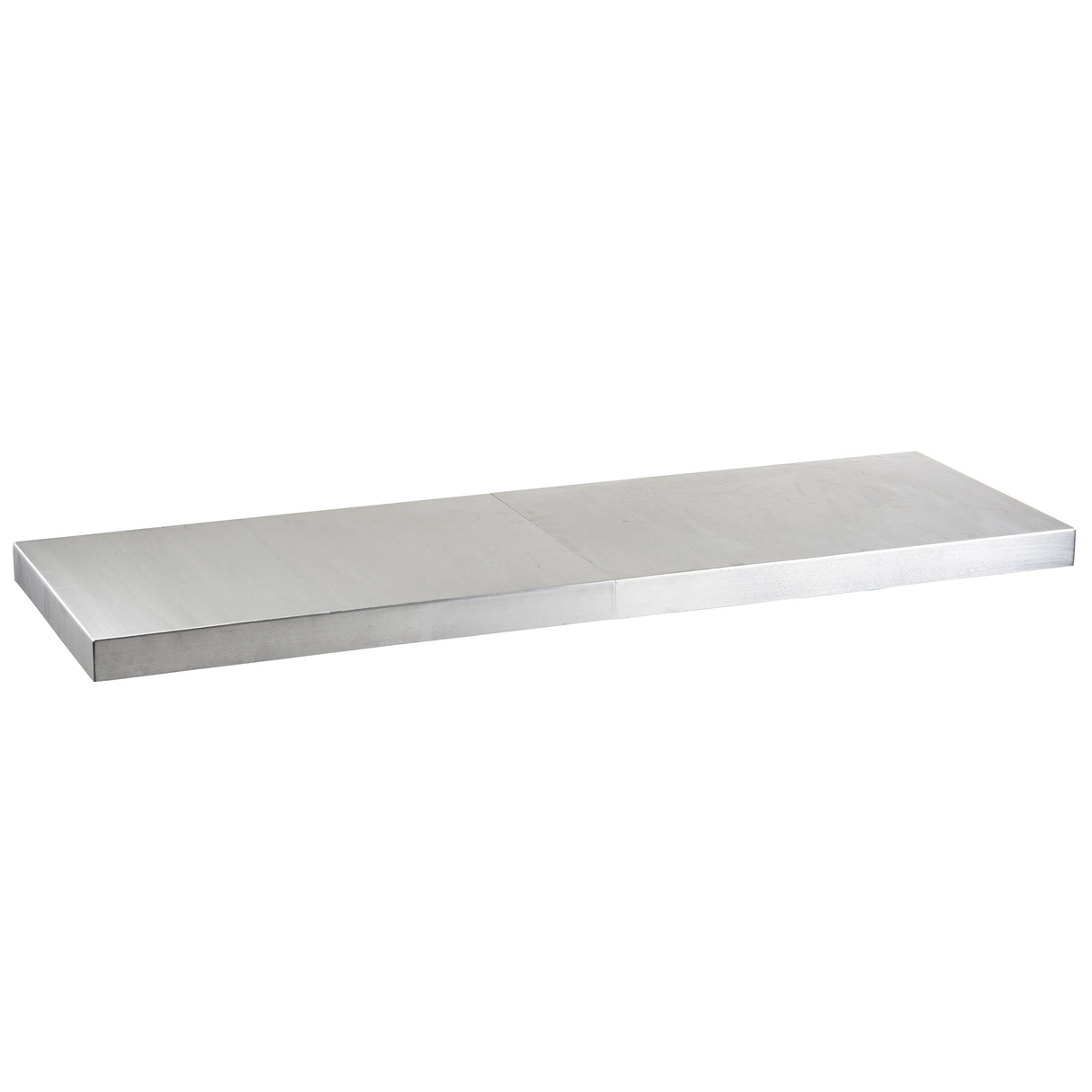 A rectangular aluminum flat shelf with sharp edges and a smooth, reflective surface, viewed at an angle against a white background. The shelf appears sturdy, minimalist, and industrial—ideal as a tabletop cover for an 8' table.