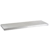 A rectangular aluminum flat shelf with sharp edges and a smooth, reflective surface, viewed at an angle against a white background. The shelf appears sturdy, minimalist, and industrial—ideal as a tabletop cover for an 8' table.
