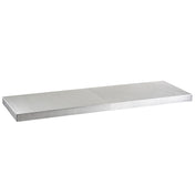 A rectangular aluminum flat shelf with sharp edges and a smooth, reflective surface, viewed at an angle against a white background. The shelf appears sturdy, minimalist, and industrial—ideal as a tabletop cover for an 8' table.