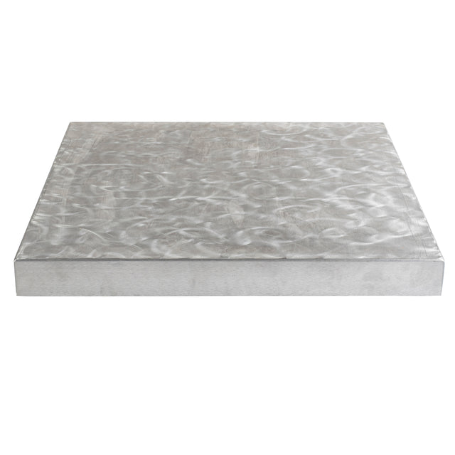 A square, metallic 30 x 30 aluminum tabletop cover with a brushed, swirled texture and sharp edges. The silver-gray surface gives it a sleek, modern industrial look against the clean, white background.